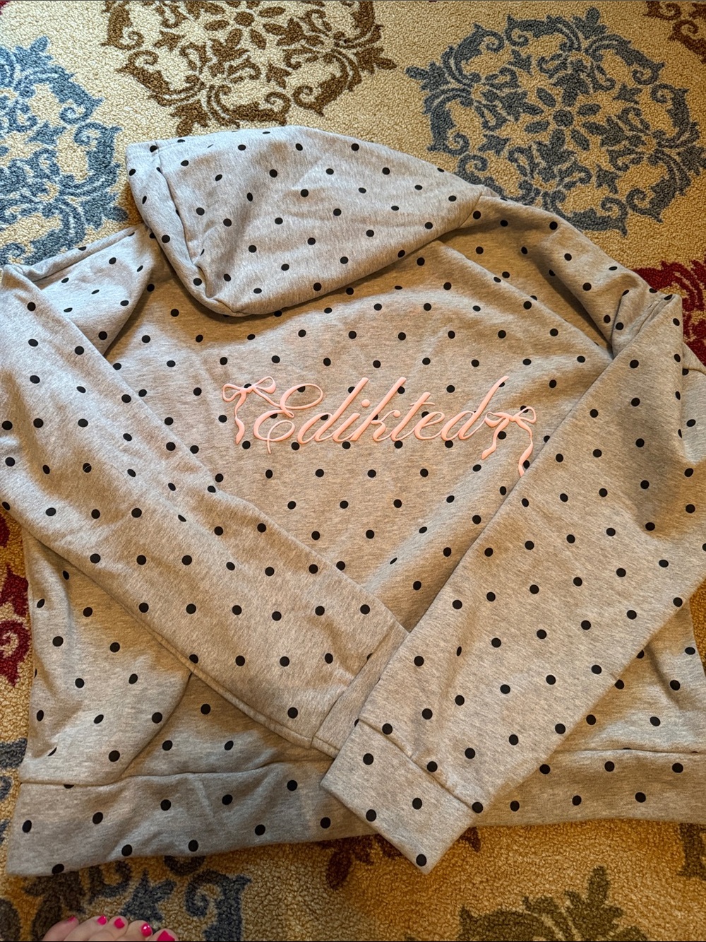 Edikted Gray Polka Dot Hoodie with Pink Script Logo